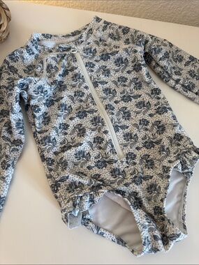 Rylee + Cru Girls Long Sleeve Floral Rash Guard Swimsuit in Blue and White 12-18